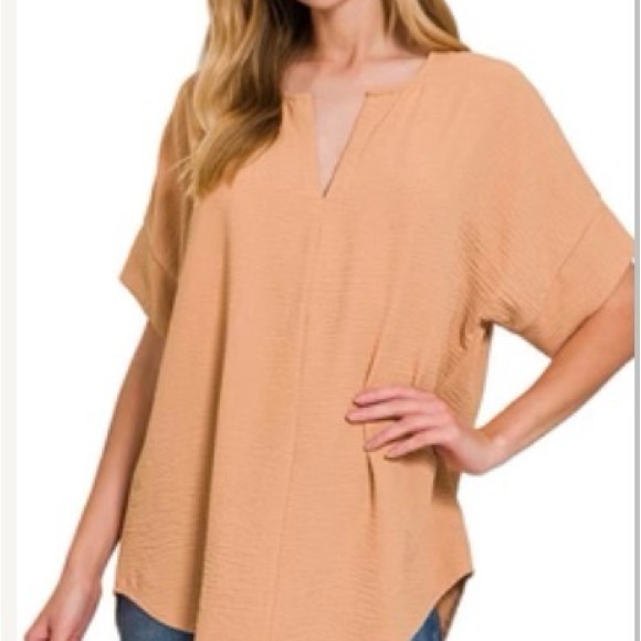 Zenana Woven Airflow Split Neck Short Sleeve Top Size L - Picture 3 of 4